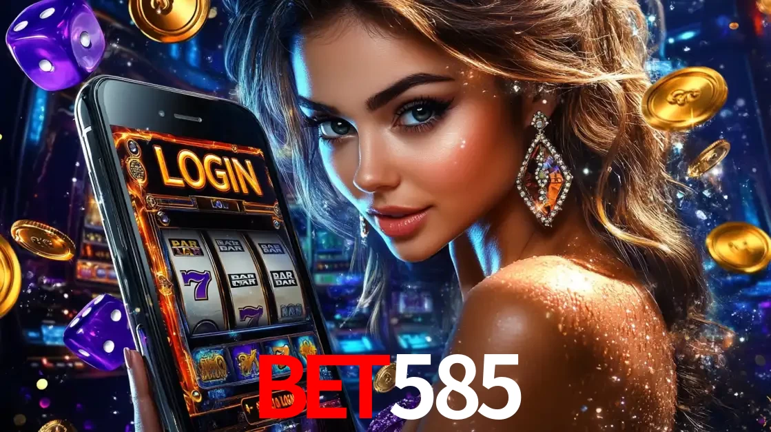 Mulher glamorosa segurando um smartphone com a tela de login para os jogos de caça-níqueis do cassino online bet585, com moedas de ouro e dados ao redor.